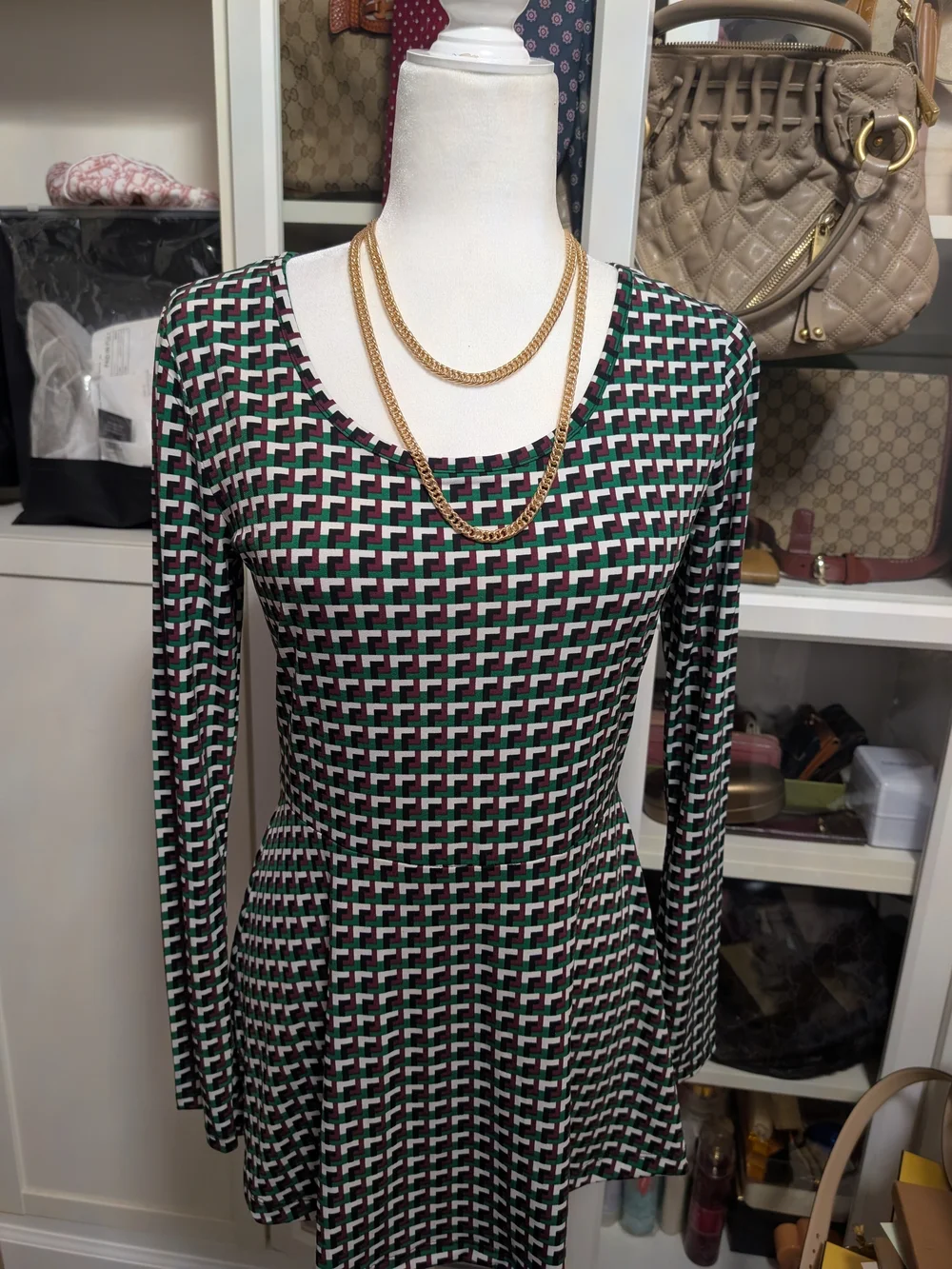 Michael Kors Black, Green & White Geo-Print Long Sleeve Fit-and-Flare Top